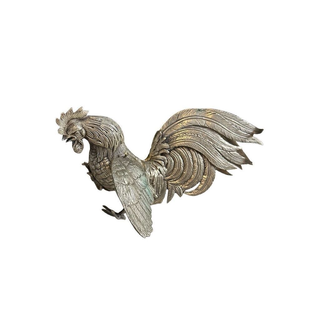 Vintage Cast Metal Fighting Rooster Game Fowl Statue Figure Silvertone 10”